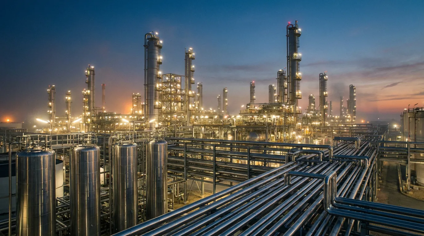 Oil refinery operations at blue hour