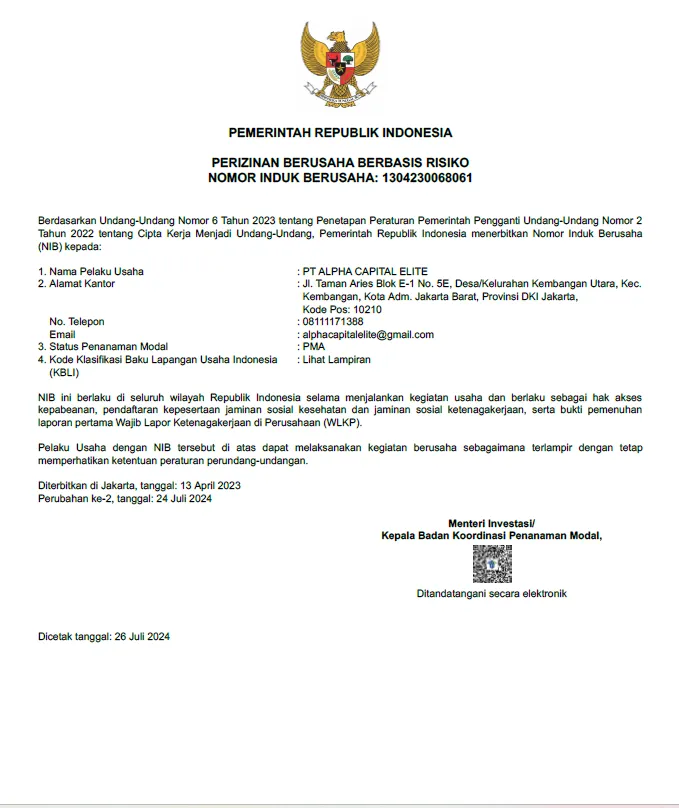PT Alpha Capital Elite Official Business License - NIB 1304230068061 issued by Indonesian Government